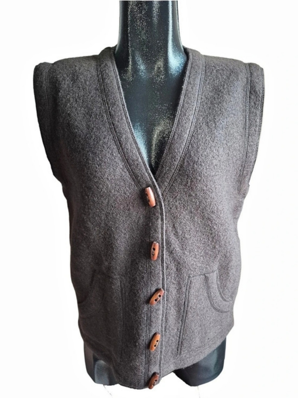 Garey Petites Vintage Brown Wool V-Neck Wooden Toggle Button-Up Vest Size L